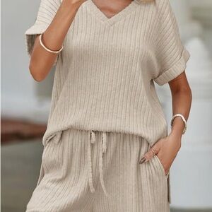Amazon Beige Ribbed Knit Lounge Set